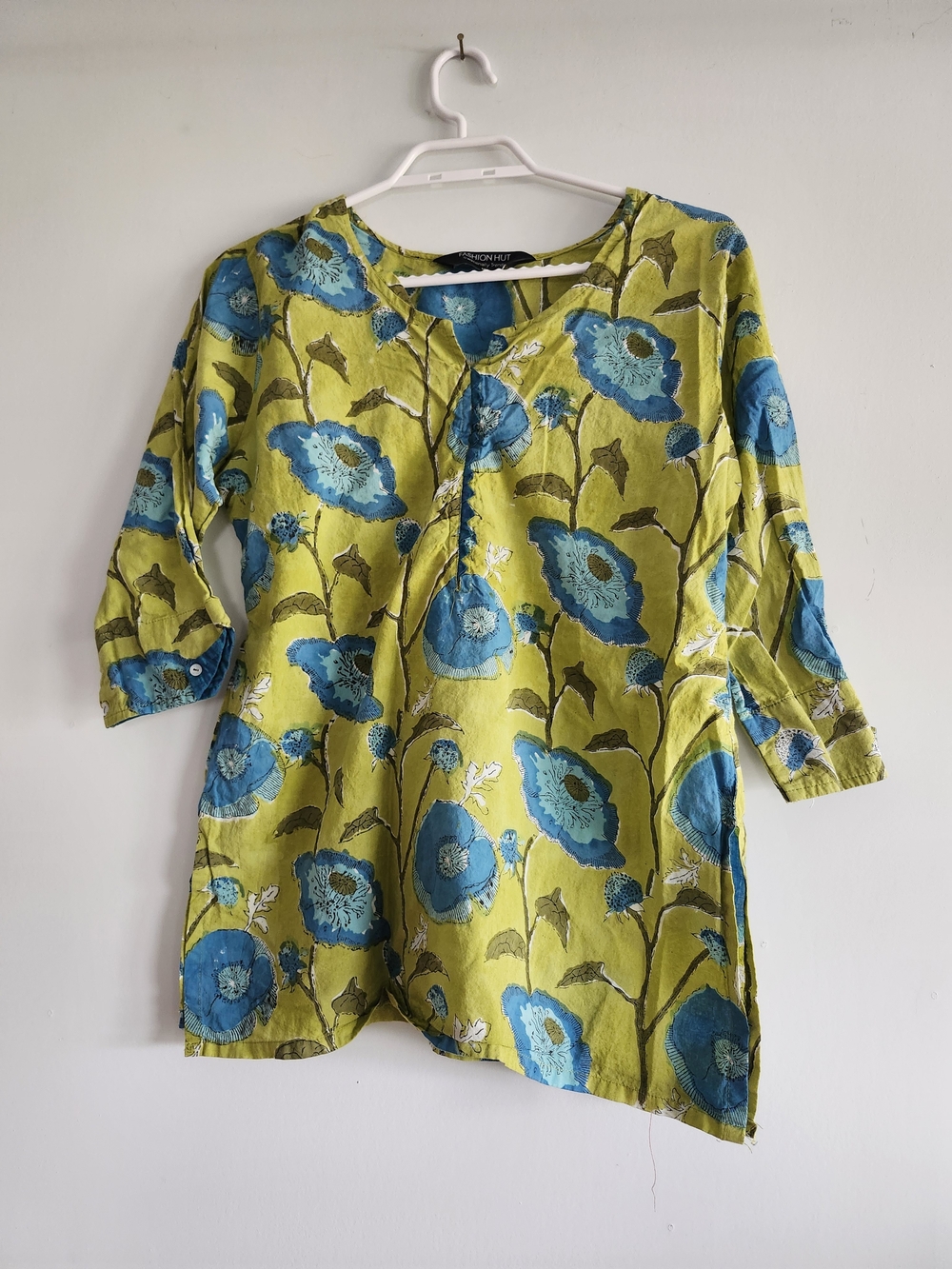 Vibrant Blue Floral Tunic | Lime Green Base | Relaxed Fit | 3/4 Sleeve